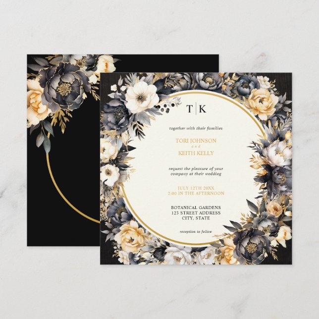 Black Moody Floral QR Code RSVP Wedding Invitation (Front/Back)