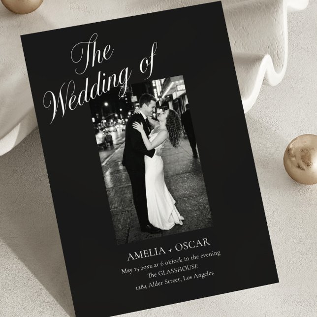 Black Moody Formal Script Couple Photo Wedding Invitation (Creator Uploaded)