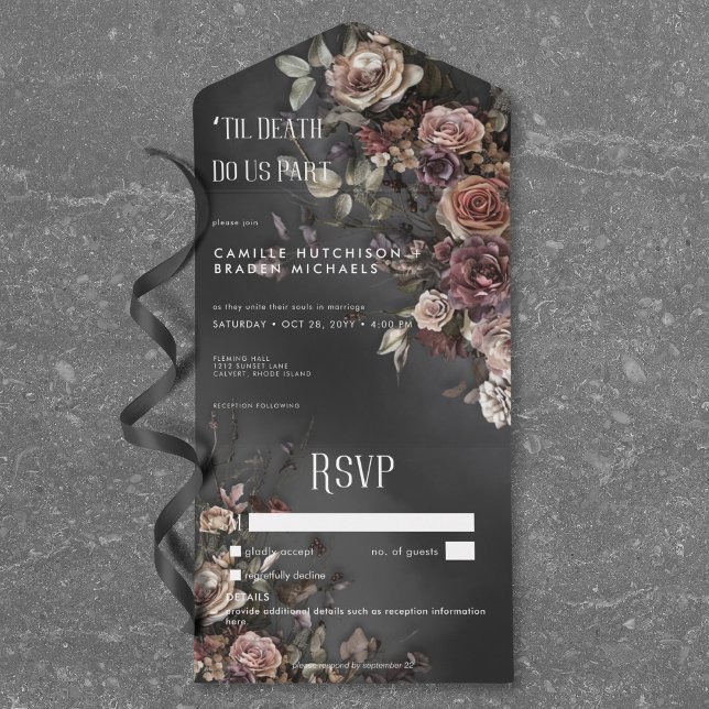 Black Moody Gothic Flowers Mist No Dinner Details All In One Invitation (Black Moody Gothic Flowers Mist No Dinner Details All In One Invitation)