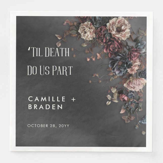 Black Moody Gothic Flowers & Mist Wedding Napkin (Front)