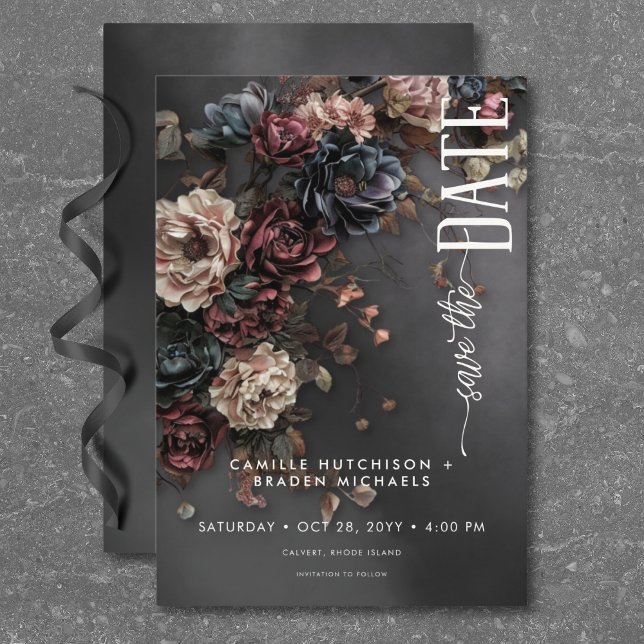 Black Moody Gothic Flowers & Mist Wedding Save The Date (Black Moody Gothic Flowers & Mist Wedding Save The Date)