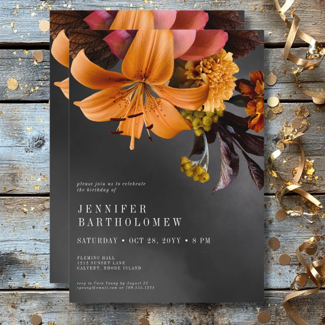 Black Moody Gothic Orange Lily Birthday Invitation (Black Moody Gothic Orange Lily Birthday Invitation)