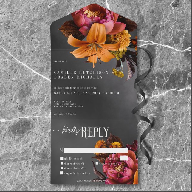 Black Moody Gothic Orange Lily Wedding Dinner All In One Invitation (Black Moody Gothic Orange Lily Wedding Dinner All In One Invitation)