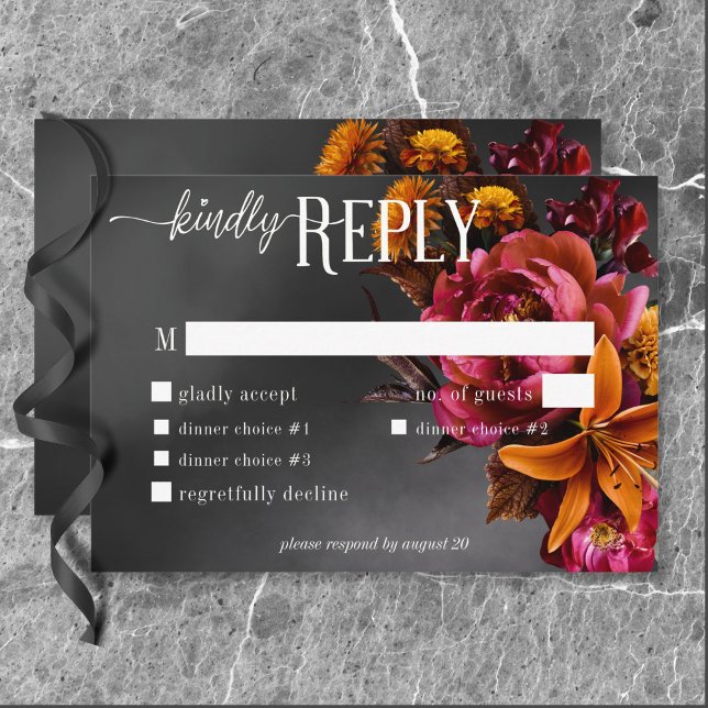 Black Moody Gothic Orange Lily Wedding Dinner RSVP Card (Black Moody Gothic Orange Lily Wedding Dinner RSVP Card)