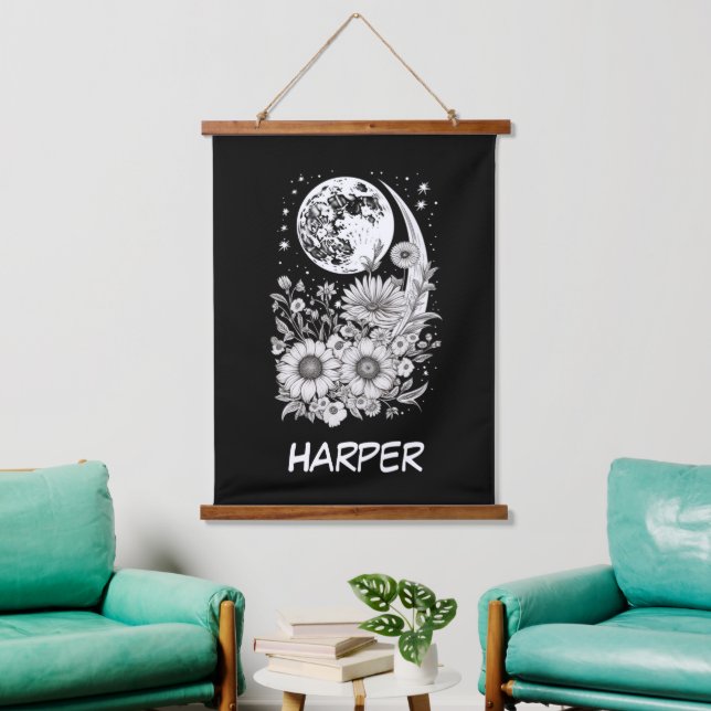 black moon and flowers customised with name hanging tapestry (Living Room)