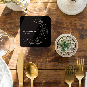 Black Moon & Stars Celestial Wedding Reception Square Paper Coaster