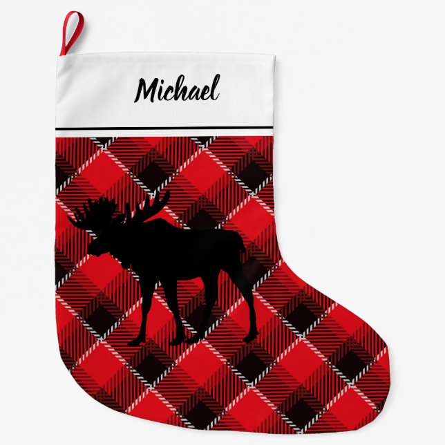 Black Moose Lumberjack Pattern Personalised Large Christmas Stocking (Front)