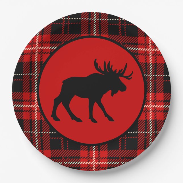 Black Moose Red Black Plaid Paper Plate (Front)