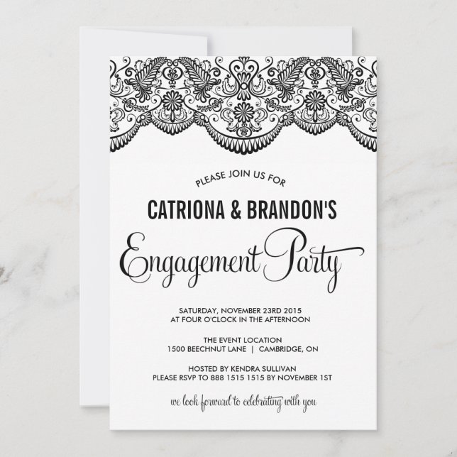 Black Moroccan Lace Engagement Party Invitation (Front)