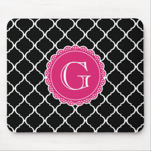 Black Moroccan Lattice Pattern Hot Pink Monogram Mouse Mat