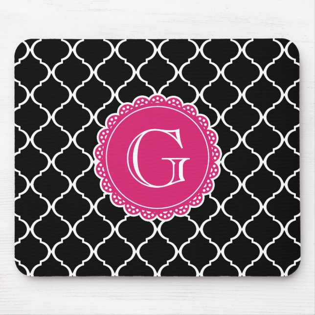 Black Moroccan Lattice Pattern Hot Pink Monogram Mouse Mat (Front)
