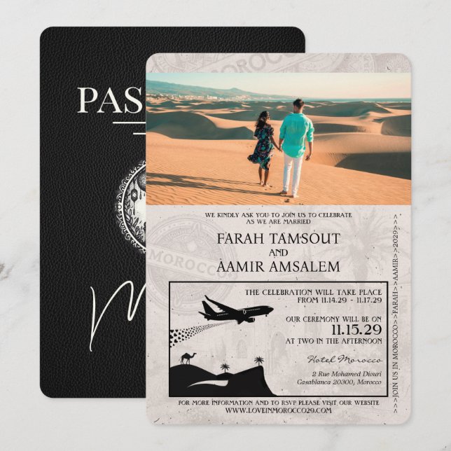 Black Morocco Passport Wedding Invitation (Front/Back)
