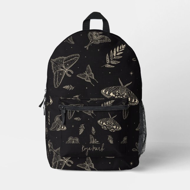 Black Moth Butterfly Pattern Printed Backpack (Front)