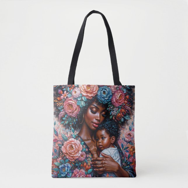 Black Mother and Child Floral Portrait Art Tote Bag (Front)