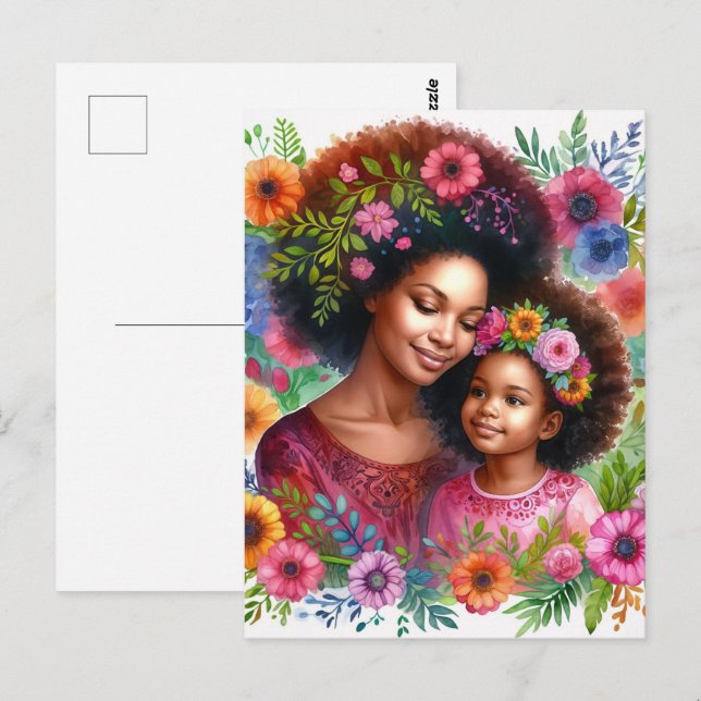 Black Mother and Daughter Floral Watercolor Postcard (Front/Back)