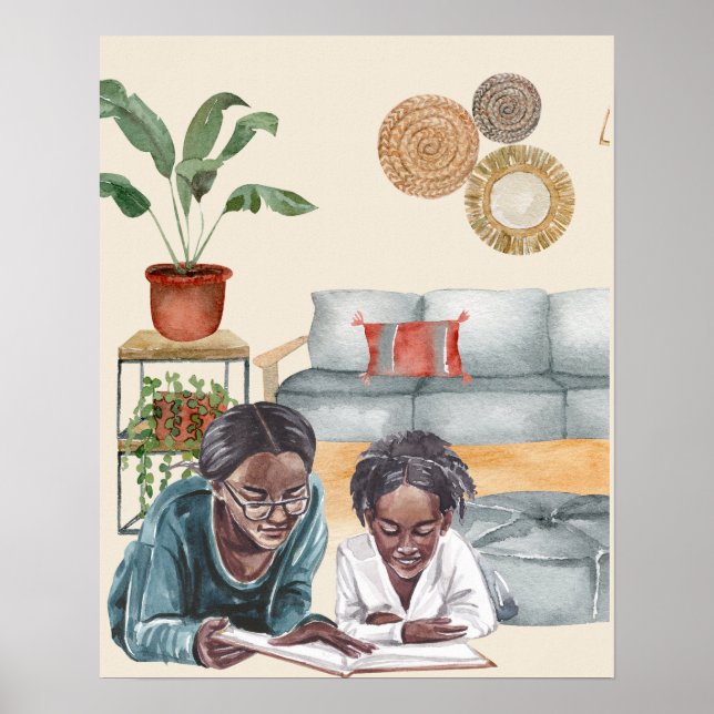 Black Mother & Daughter Reading Together Wall Art (Front)