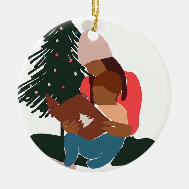 Black Mother/Son Holiday Christmas Ceramic Tree Decoration (Front)