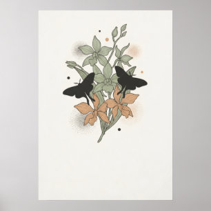 Black Moths Sage Terracotta Orchid Botanical Art Poster