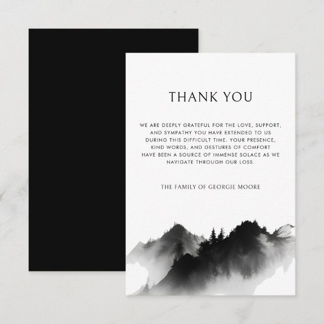 Black Mountain Forest Funeral Sympathy Memorial Thank You Card (Front/Back)
