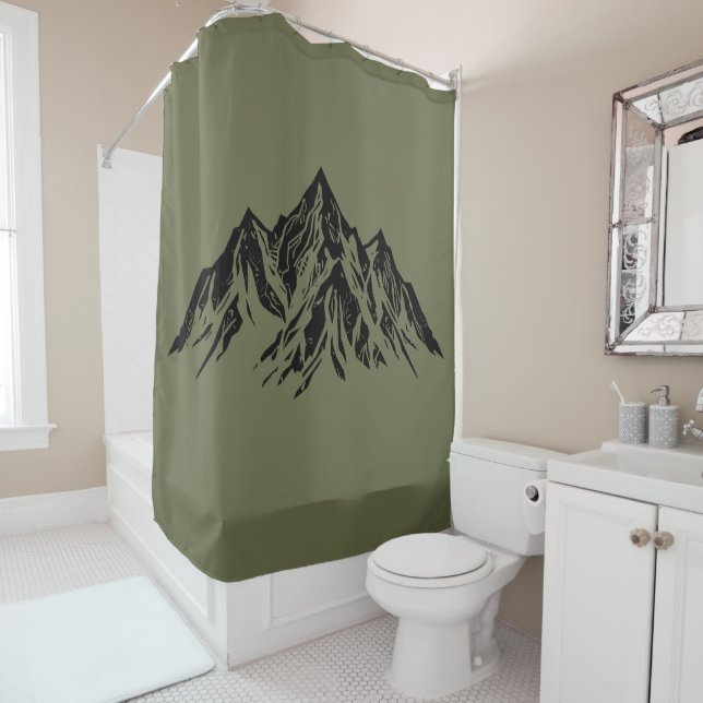 Black Mountain Peaks | Modern Moss Green Hiking Shower Curtain (In Situ)