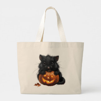 Black Mouse On Pumpkin Large Tote Bag