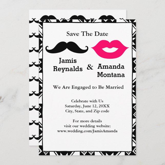 Black Moustache and Pink Lips Couple Save the Date Invitation (Front/Back)