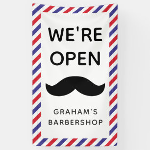 Black Moustache Barbershop Stripes Open Banner
