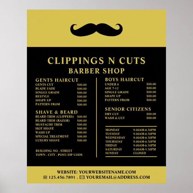 Black Moustache, Men's Barbers Price List Poster (Front)