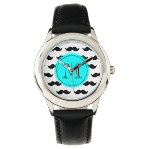 Black Moustache Pattern, Aqua Blue Monogram Watch
