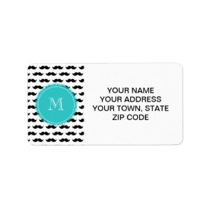 Black Moustache Pattern, Teal Monogram Label
