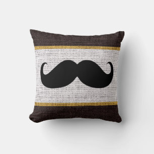 Black Moustache White Burlap Jute Background Cushion