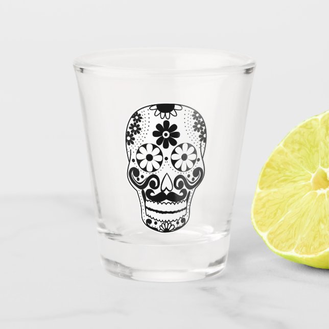 Black Moustached Sugar Skull Shot Glass (Front)