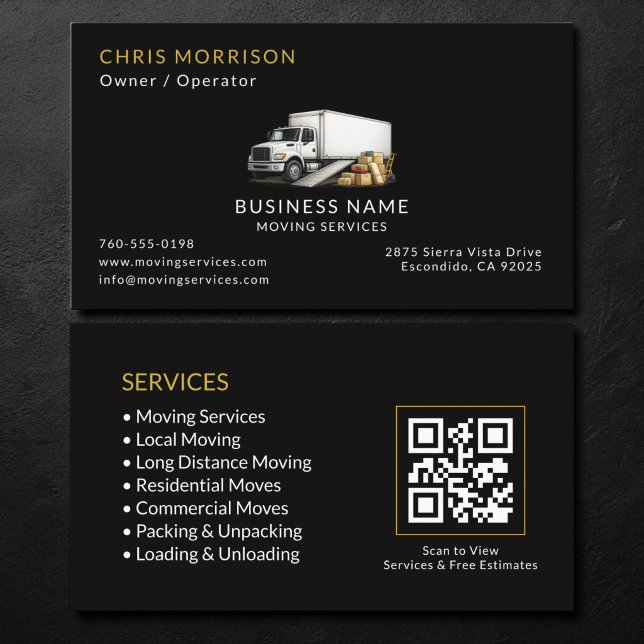 Black Moving Truck Services QR Code Business Card (Creator Uploaded)