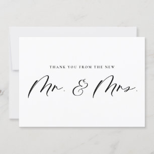 Black Mr. and Mrs. Calligraphy Newlyweds Wedding Thank You Card