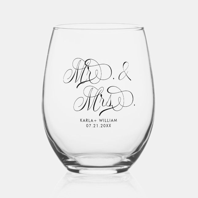 Black Mr. and Mrs. Elegant Script Typography Stemless Wine Glass (Front)
