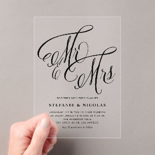 Black Mr. and Mrs. Rustic Calligraphy Wedding  Acrylic Invitations