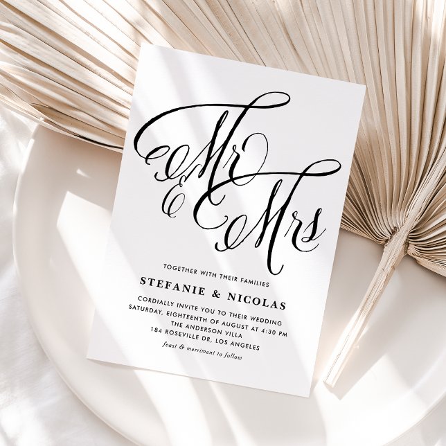 Black Mr and Mrs Rustic Calligraphy Wedding Invitation Postcard (Black Mrs and Mrs Rustic Calligraphy Wedding Invitation Postcard)