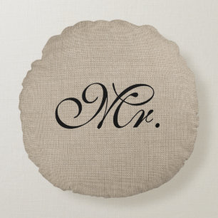 Black Mr. Burlap Round Throw Pillow