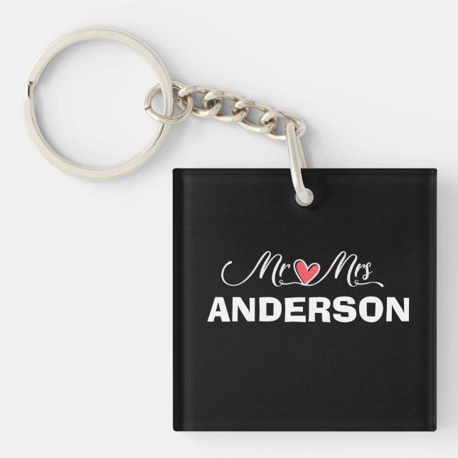 Black  Mr. & Mrs. add name Wedding Favors Key Ring (Front)