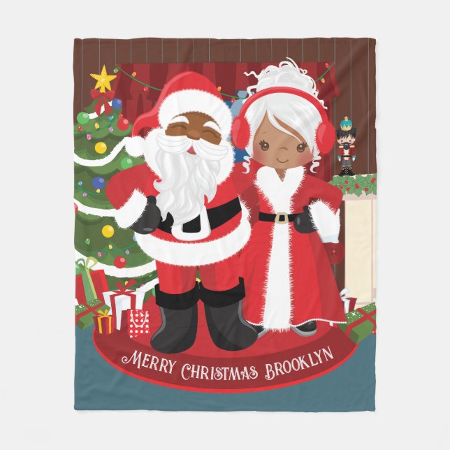 Black Mr. & Mrs. Claus Personalised Fleece Blanket (Front)