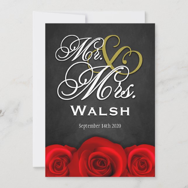 Black Mr & Mrs Red Rose Wedding Invitations (Front)