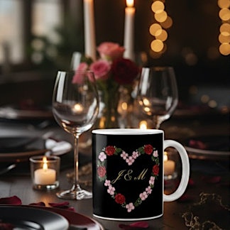 Black mug with rose and red hearts