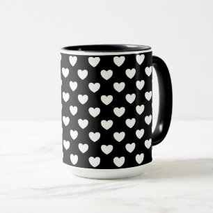 Black Mug With White Hearts Polka Dot Pattern