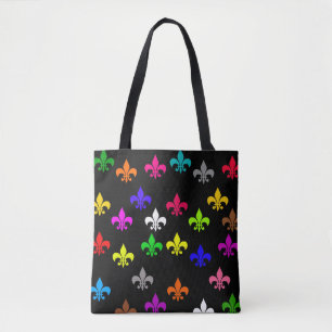 Black Multicolored Fleur-de-lis Pattern Design Tote Bag