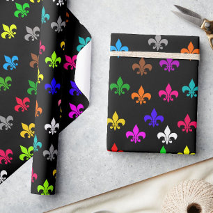 Black Multicolored Fleur-de-lis Pattern Design Wrapping Paper