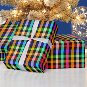 Black Multicolored Gingham Plaid Pattern Design  Wrapping Paper
