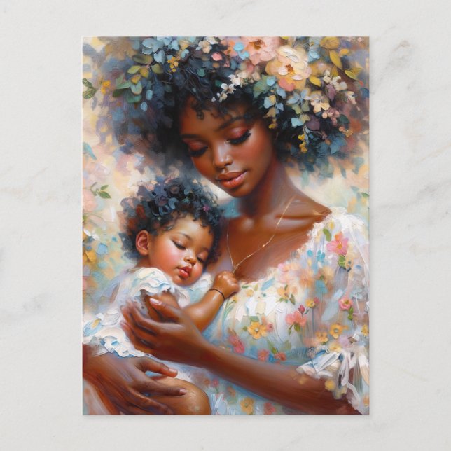 Black Mum and Baby Daughter Floral Art Postcard (Front)