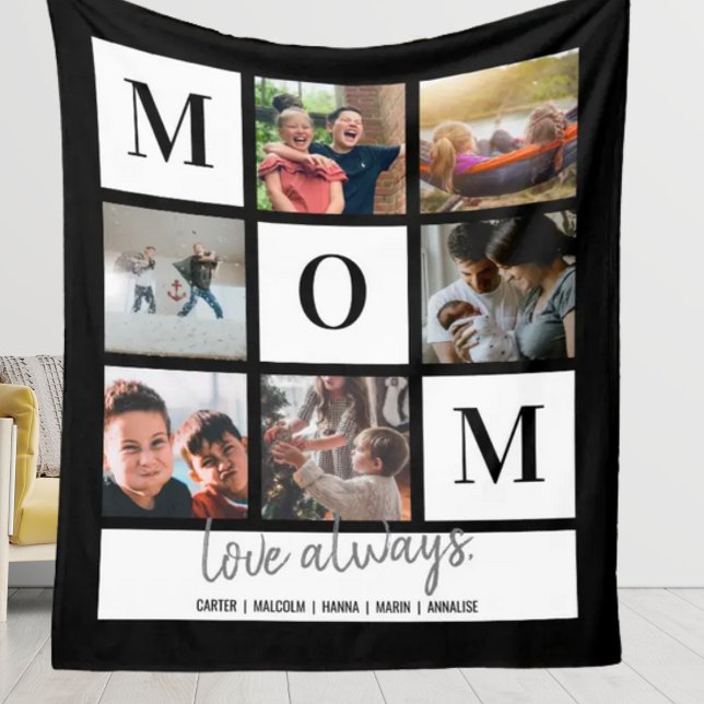 Black Mum Colorblock Photo Collage Personalised Fleece Blanket (Creator Uploaded)