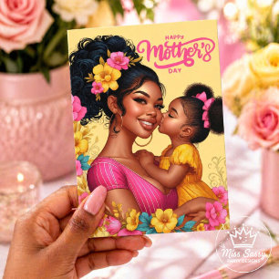 Black Mum Daughter Pink Yellow Floral Mother's Day Card