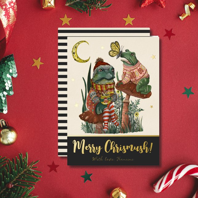 Black Mushroom Frog and Toad Merry Christmas   Foi Foil Holiday Card (Black and real gold foil Christmas flat card with a whimsical illustration of frogs on mushrooms)